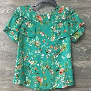 BOHO Green floral top ruffles, zipper back, Sz XS